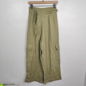 Hevron Maggie Pant Womens 2 Linen Wide Leg Belted Pleated HIgh‎ Rise Olive Green